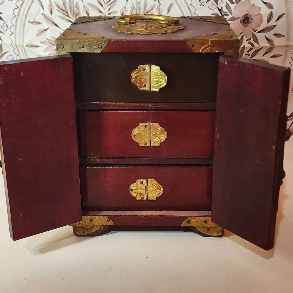 Vintage Chinese Musical Jewelry Box Brass Inlay 3 Drawer Wood Cabinet Memories